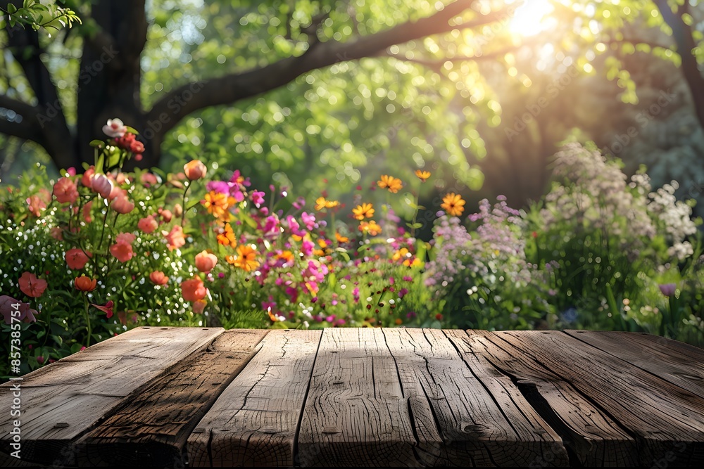 Close-up wooden table garden flowers Close-up wooden table garden flowers