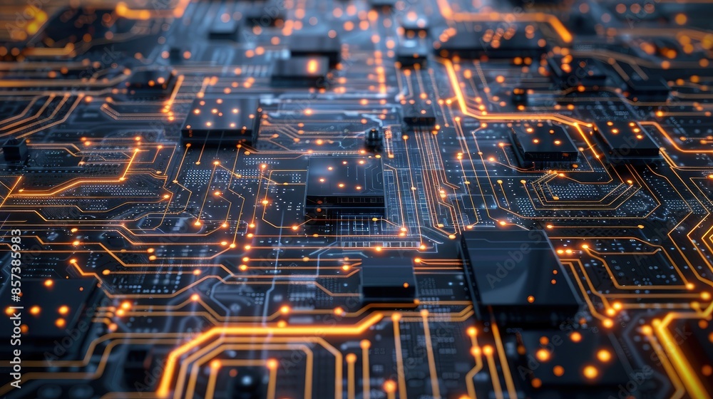 Obraz premium Glowing digital circuit board with cyber effects