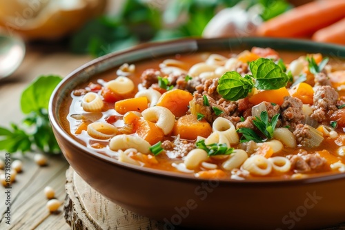 Classic bean soup with veggies pasta and beef in a bowl on wooden table Horizontal