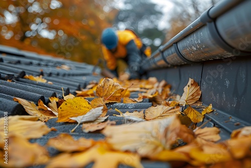 Man clearing leaves on a roof gutter photo