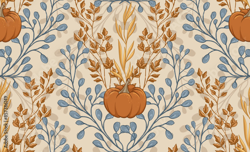 Autumn seamless pattern with pumpkins, plants and oats, harvest. Hand Drawn Illustration, Design for Fabric and Wallpaper.