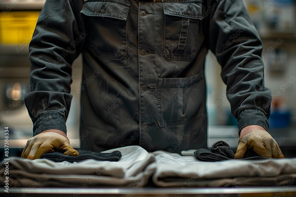 Fototapeta premium Worker in jacket and gloves repairing clothing