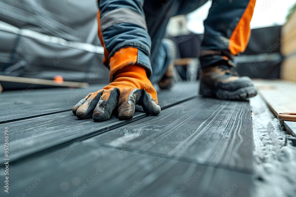 Construction worker in orange gloves on wooden deck Construction worker in orange gloves on wooden deck