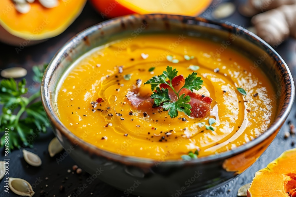Classic pumpkin soup with assorted vegetables coconut milk seeds bacon and parsley Vegetarian and nutritious Close up shot Classic pumpkin soup with assorted vegetables coconut milk seeds bacon and parsley Vegetarian and nutritious Close up shot