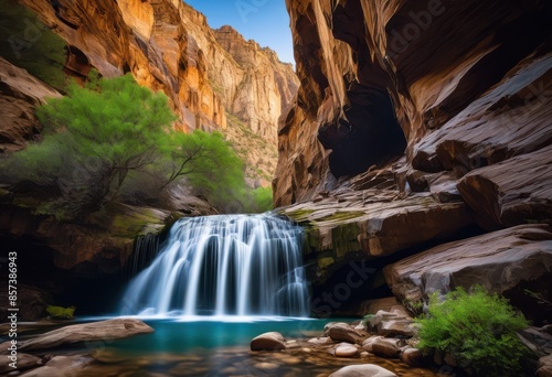 secluded waterfall cascading rocky serene natural landscape flowing water steep cliffs, beauty, beautiful, calm, cascade, clear, creek, environment, explore