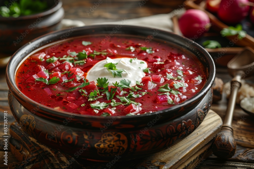 Classic Ukrainian borscht with sour cream Delicious beet soup from Ukraine