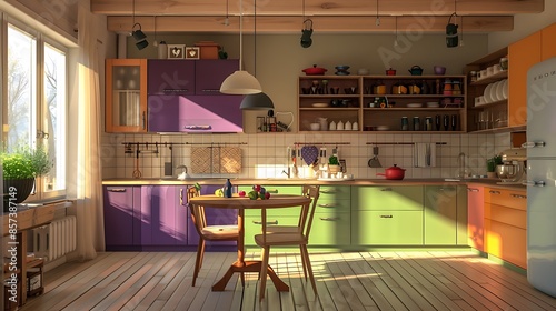 A cozy mid-century modern kitchen with green, purple, and orange kitchen cabinets, contrasted by a wooden dining table. photo