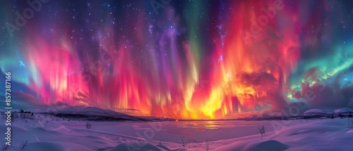 Spectacular sky with colorful northern lights and scattered clouds over a snowy landscape, creating a mesmerizing and otherworldly atmosphere, Astrophotography, long exposure, © Starkreal