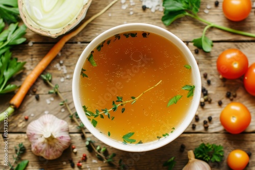 Clear broth with vegetables in white bowl on wooden table from above