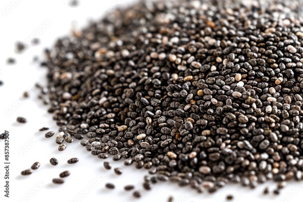 Close up macro shot of organic black chia seeds a vegan gluten free superfood packed with nutrients on white background
