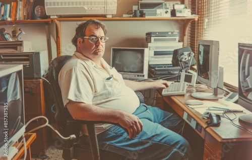 verweight man with short hair and glasses sitting in front of his old computer from the early 1980s. He is wearing blue jeans and a white shirt.