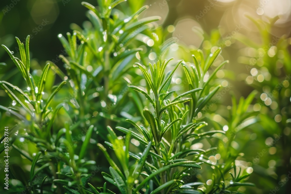 Close up of fresh organic rosemary growing in garden with shallow depth of field