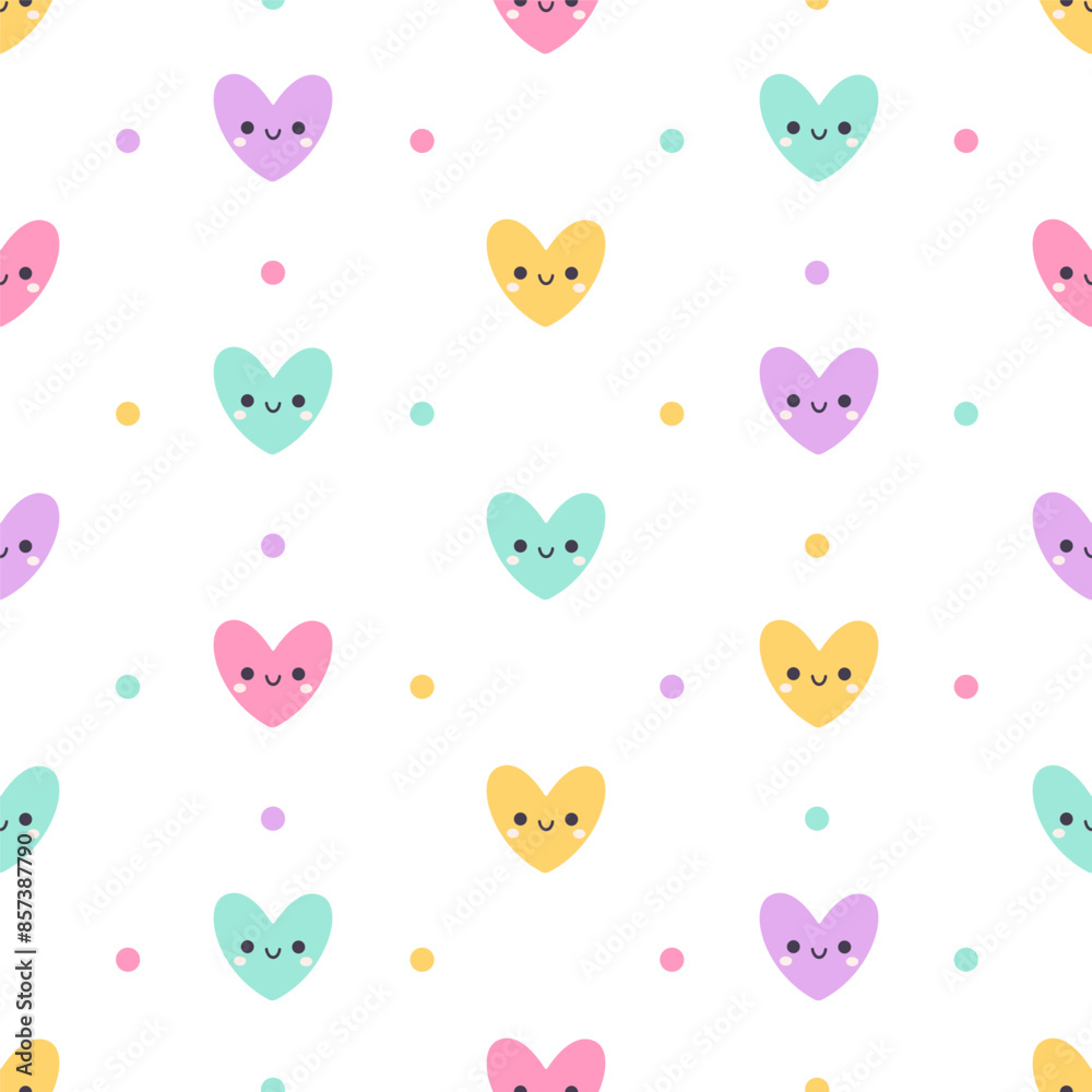 Seamless pattern with cute hearts characters. Design for fabric, textile, wrapping paper. Vector illustration in flat style Seamless pattern with cute hearts characters. Design for fabric, textile, wrapping paper. Vector illustration in flat style