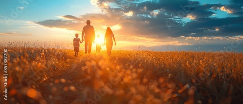 family walking through a field, rear view from afar, sunset