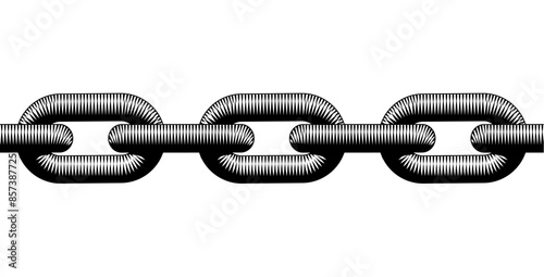 Horizontal seamless pattern of black iron chain part isolated on white. Vector conceptual illustration in vintage black and white engraving style