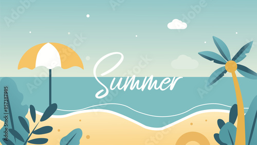 Colorful summer beach vector illustration, tropical background with palm trees, umbrella, and ocean, for tropical holiday themes, vacation promotions, summer backgrounds and banners.