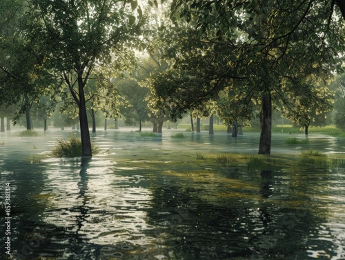 Flooded ParkTrees Partially Submerged in Water After Heavy Rain photo