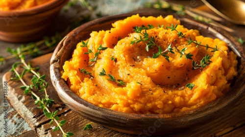 Boniato/Sweet Potato mashed and garnished with herbs on a wooden serving board