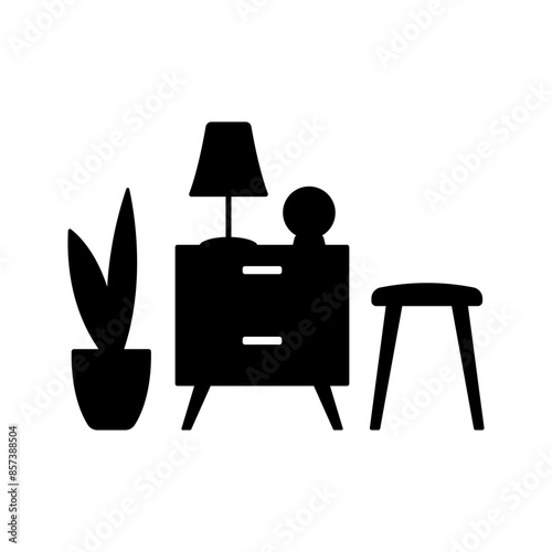 Furniture icon. Bedside table, flower pot, stool. Black silhouette. Front view. Vector simple flat graphic illustration. Isolated object on a white background. Isolate.