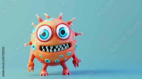 This is a 3D rendering of a cute and friendly cartoon virus. It has big blue eyes, a toothy grin, and is covered in colorful spikes. photo