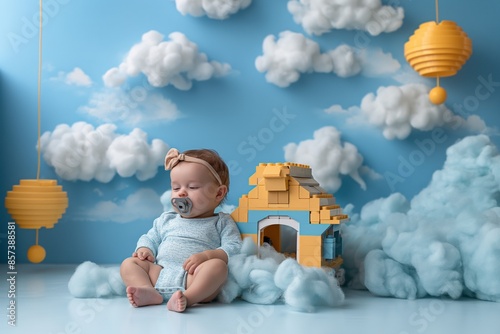 A peaceful baby sleeps soundly amidst a whimsical scene with cloud-like formations and a fantasy toy house photo