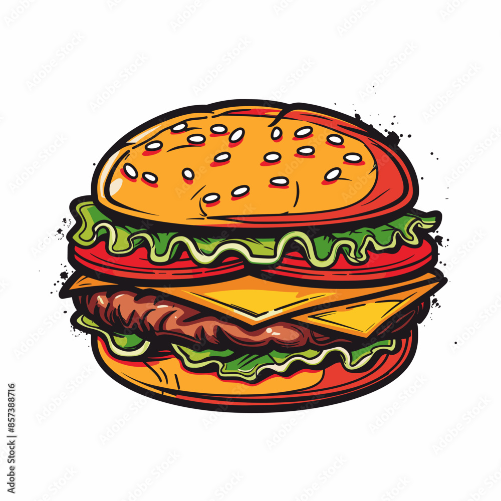 A cartoon drawing of a hamburger with lettuce, tomato, and cheese. The burger is large and has a lot of toppings A cartoon drawing of a hamburger with lettuce, tomato, and cheese. The burger is large and has a lot of toppings