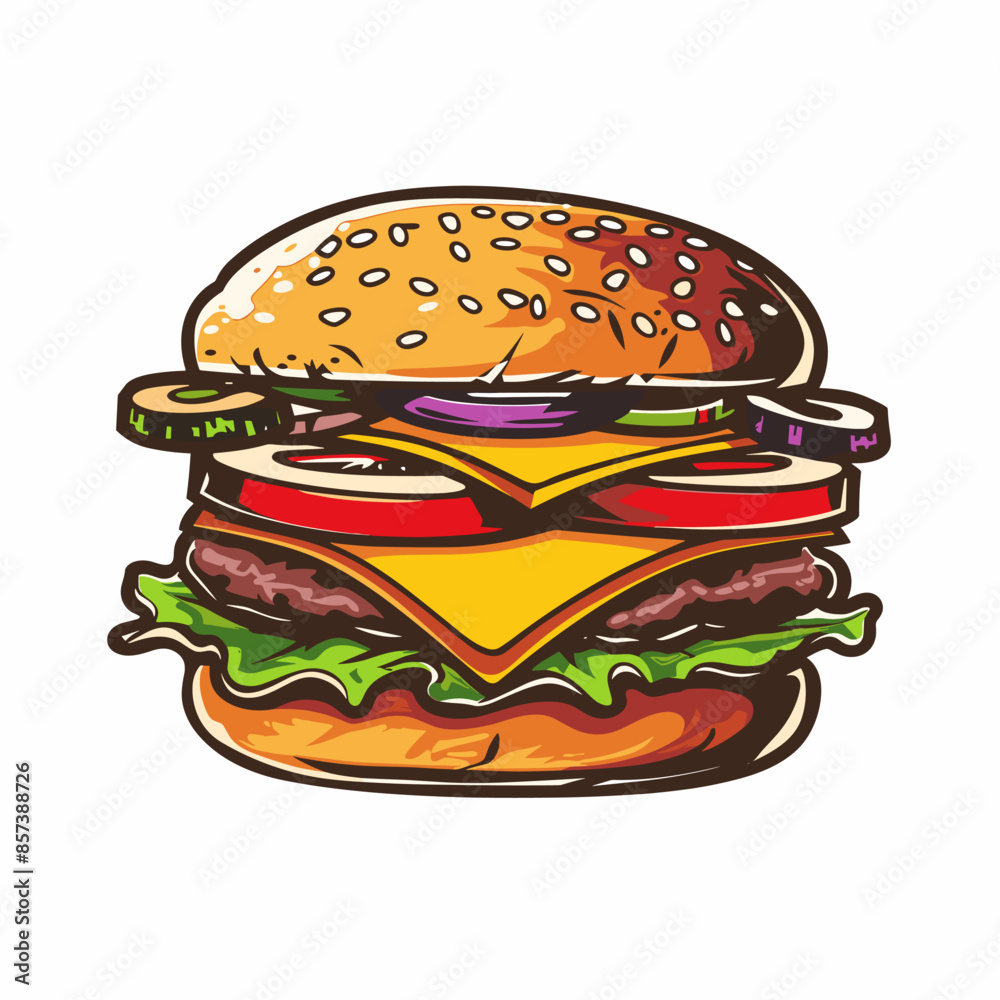A hamburger with lettuce, tomato, and cheese. The burger is large and has a lot of toppings A hamburger with lettuce, tomato, and cheese. The burger is large and has a lot of toppings