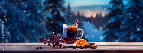 Hot mulled wine in a glass mug with orange slices and cinnamon sticks, garnished with cranberries, on a wooden table against a snowy forest backdrop at twilight. Concept of holiday warmth, festive dri photo