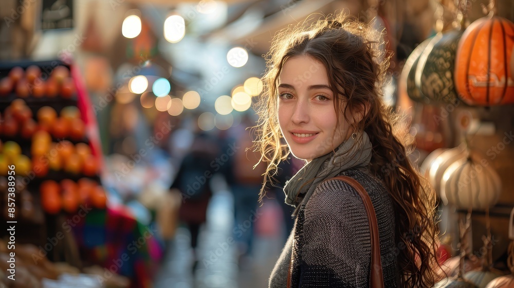A woman smiles directly at the camera while standing in a bustling marketplace, illuminated by warm lights with a serene expression amidst the lively surroundings. A woman smiles directly at the camera while standing in a bustling marketplace, illuminated by warm lights with a serene expression amidst the lively surroundings.