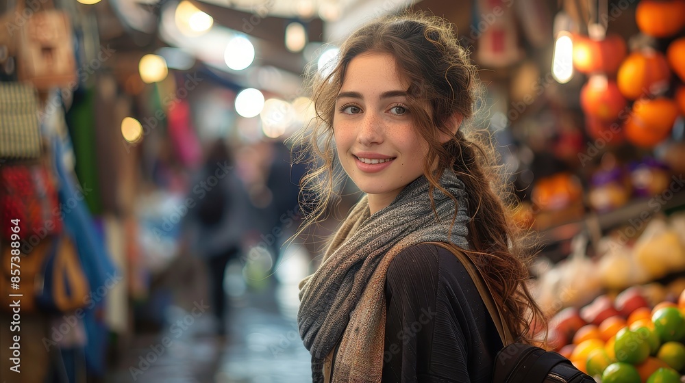 A smiling woman in a cozy scarf poses against a backdrop of a busy market filled with vibrant colors and bustling vendors, capturing the essence of local culture. A smiling woman in a cozy scarf poses against a backdrop of a busy market filled with vibrant colors and bustling vendors, capturing the essence of local culture.