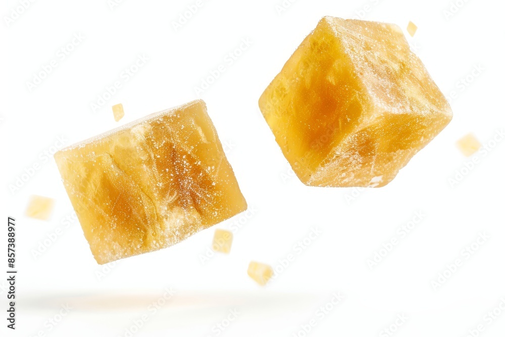 Close up of two bouillon cubes floating on white background Close up of two bouillon cubes floating on white background