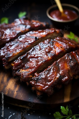 Grilled pork ribs on a wooden board