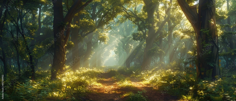 Sunlit forest path with tall, ancient trees Sunlit forest path with tall, ancient trees