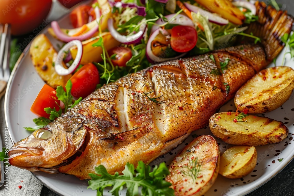 Close up overhead view of grilled tilapia fillet fried potatoes and vegetable salad on a plate