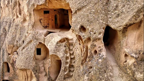 Ancient troglodytic cave dwellings and the rock castle of Uchisar, Cappadocia, Anatolia, Türkiye
