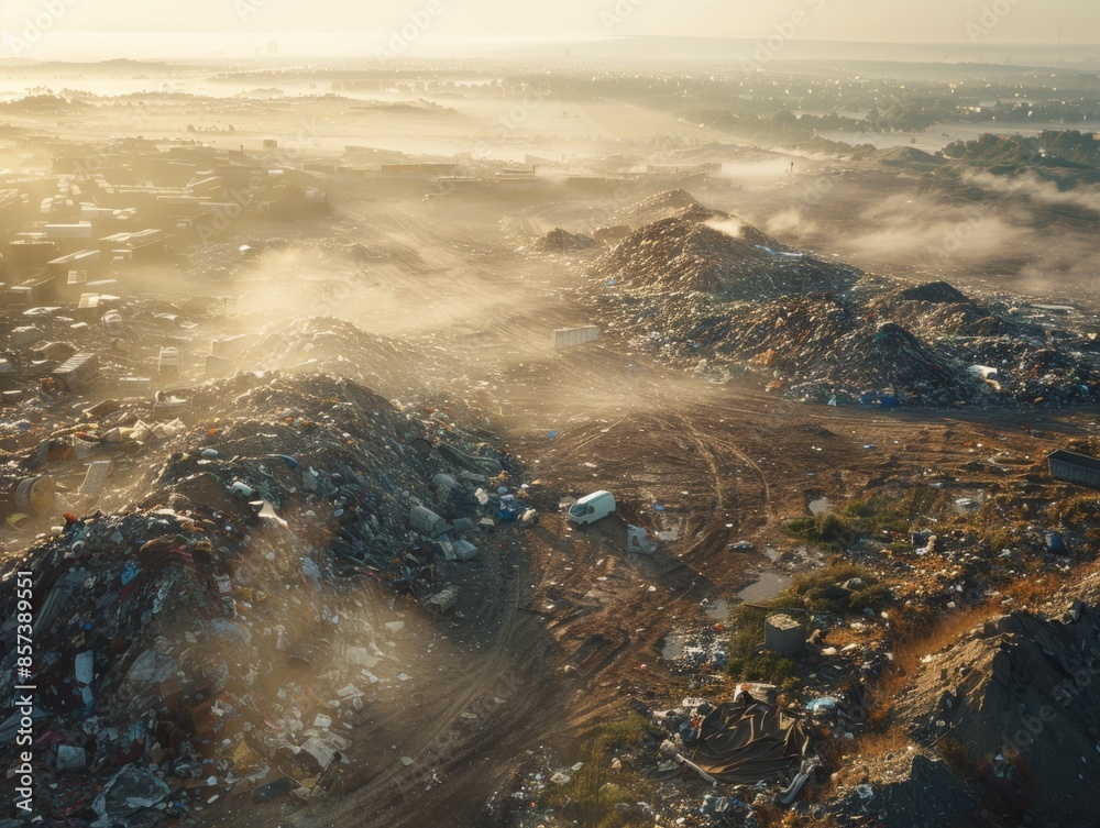 Fashion Waste Landfill Aerial View - Pollution, Environment, Garbage Disposal and Recycling Concept