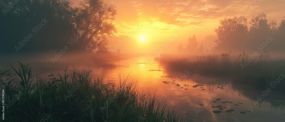 Fototapeta premium Sunrise over a foggy marshland,