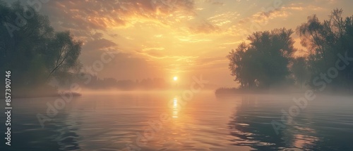 Sunrise over a serene river with fog,