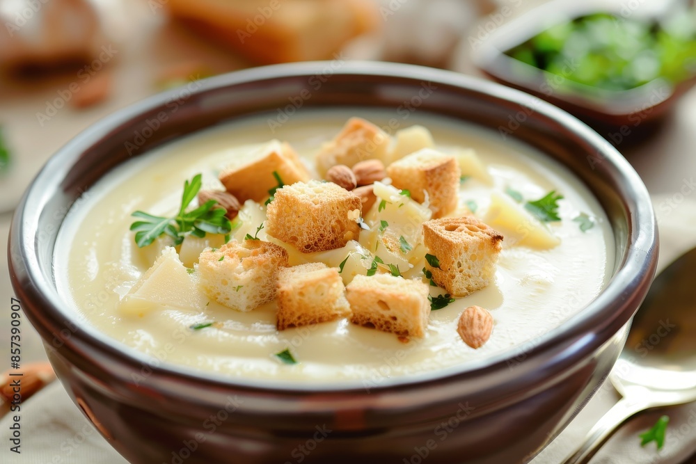Creamy garlic soup topped with crusty bread and almonds