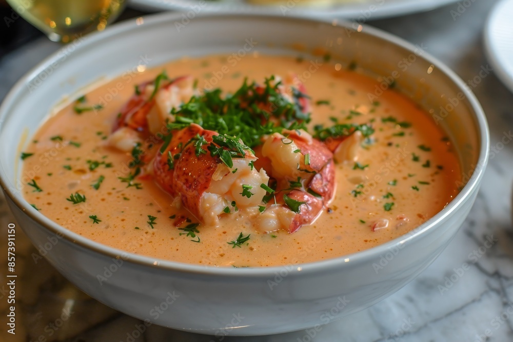 Creamy lobster bisque with cognac tomato paste and lobster meat Creamy lobster bisque with cognac tomato paste and lobster meat