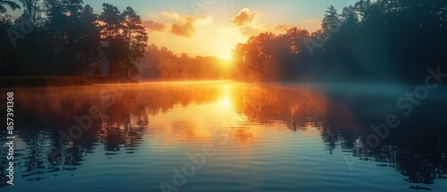 Sunrise over a tranquil lake with calm water, gentle mist, and silhouetted trees, capturing the serene beauty of dawn