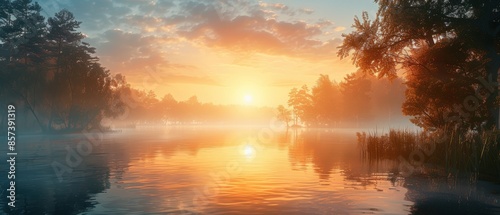 Sunrise over a tranquil lake with calm water, gentle mist, and silhouetted trees, capturing the serene beauty of dawn