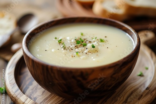 Creamy potato soup in wooden bowl