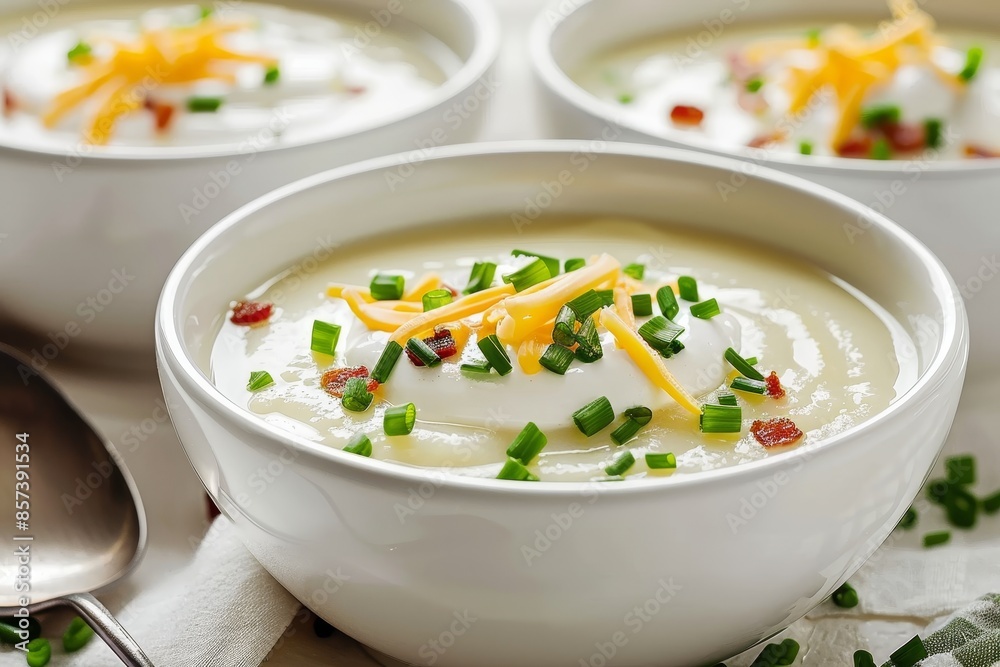Creamy potato soup topped with sour cream cheddar bacon and chives Creamy potato soup topped with sour cream cheddar bacon and chives