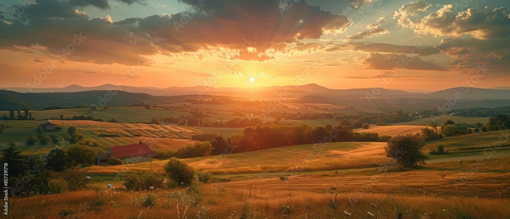 Obraz premium Sunset over a peaceful rural landscape with scattered farms,