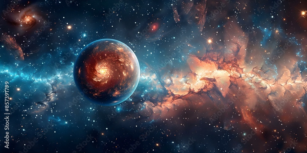 Obraz premium Vivid cosmic scene with celestial bodies supernovas and spacetime curvature like art. Concept Space Art, Cosmic Scenes, Supernovas, Spacetime Curvature