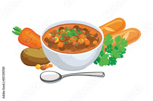 Lentil soup vector illustration. Bowl of lentil soup icon set vector isolated on a white background. Lentil soup, vegetables, parsley and baguette drawing