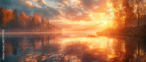 Sunset over a serene lake with reflections of trees,