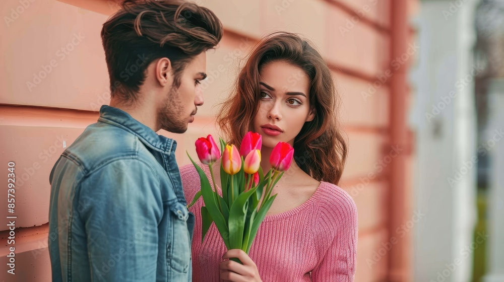 A man in a denim jacket stands next to a woman in a pink sweater holding a bouquet of colorful tulips, looking at each other, suggesting an emotional exchange. A man in a denim jacket stands next to a woman in a pink sweater holding a bouquet of colorful tulips, looking at each other, suggesting an emotional exchange.