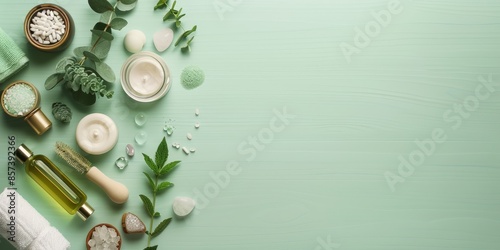 Spa essentials with mint and lemon on green background photo